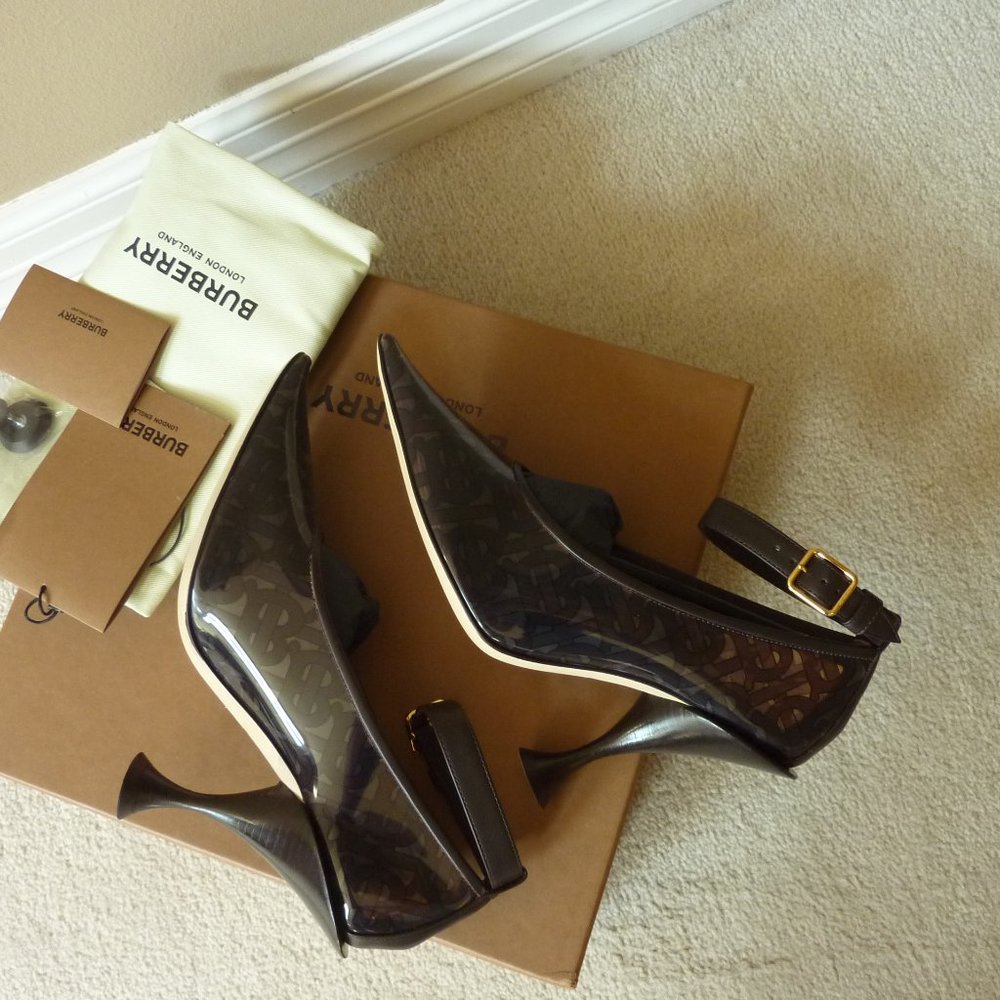 BURBERRY 'Evan' TB Monogram Logo Ankle-Strap Transparent Pumps (Brown) - 7B - Picture 13 of 15